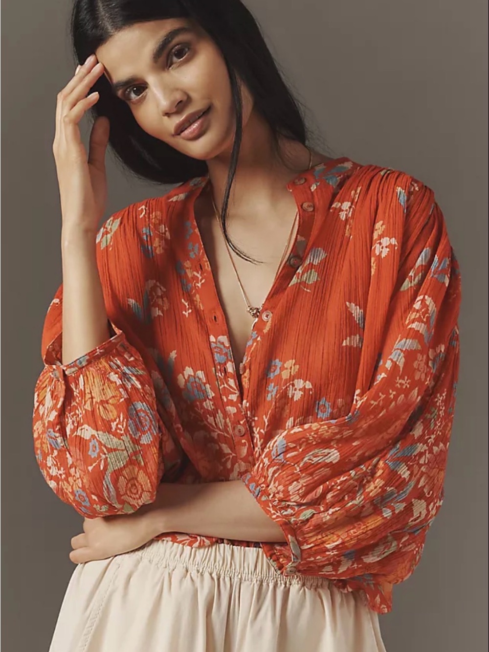 Pilcro Anthropologie Sidney Batwing Floral Blouse Orange Rust Cotton Size M